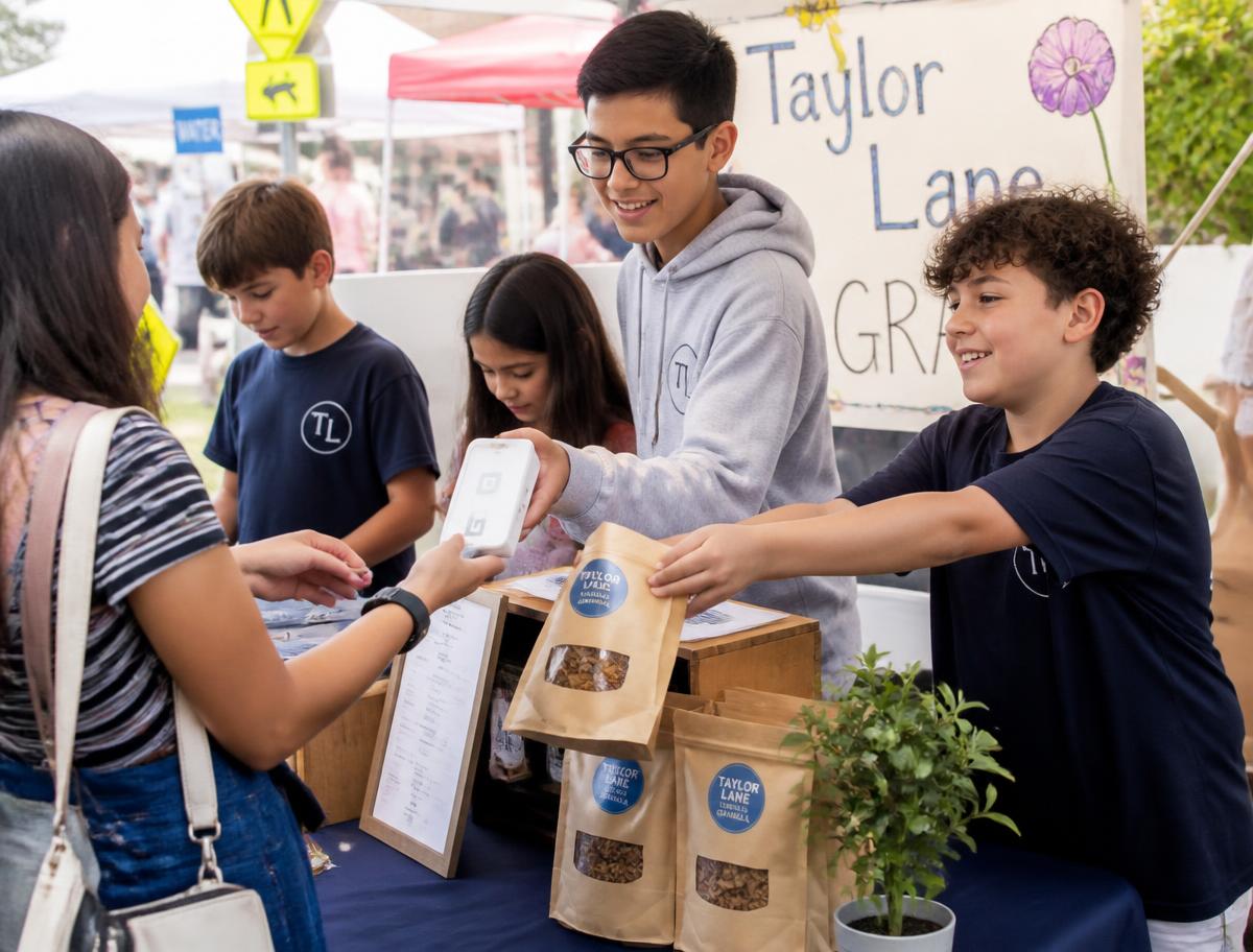 Two students selling handmade soap to a customer at a farmers market